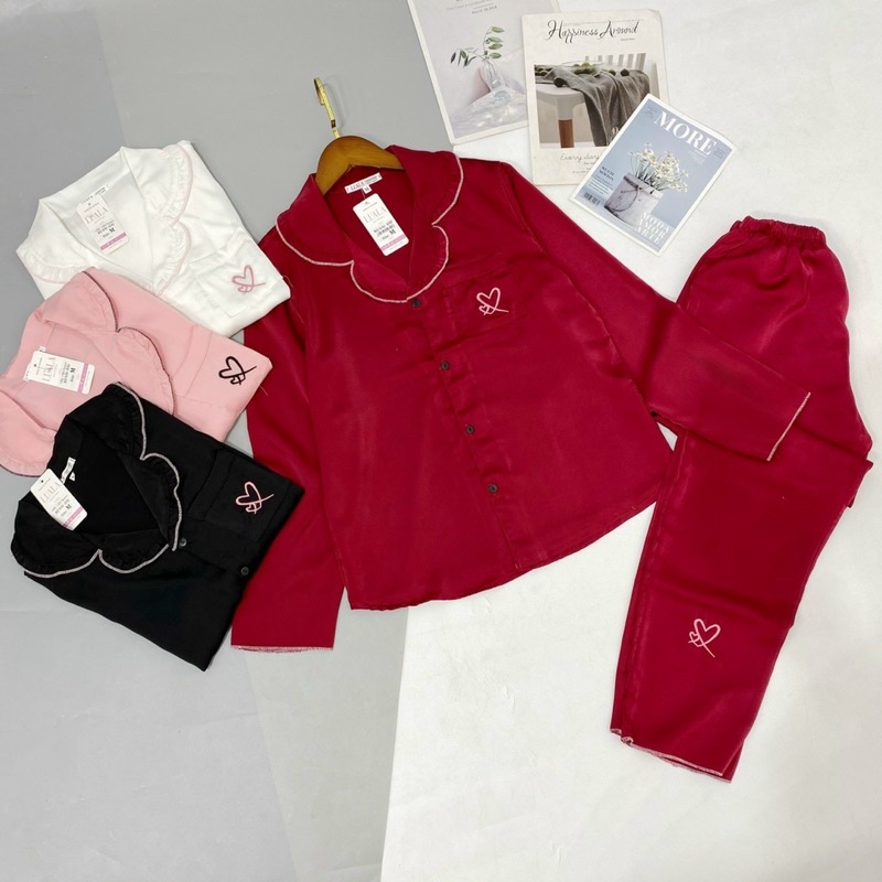 Bộ Dài Tay Lụa Tằm Thái In Hình Tim Siêu Xinh