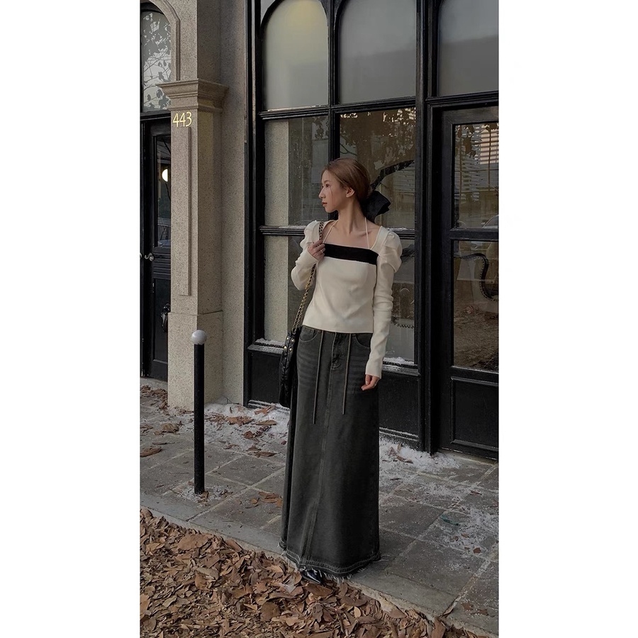 Áo len dệt kim vai cổ vuông mix dây cổ yếm (02278#)