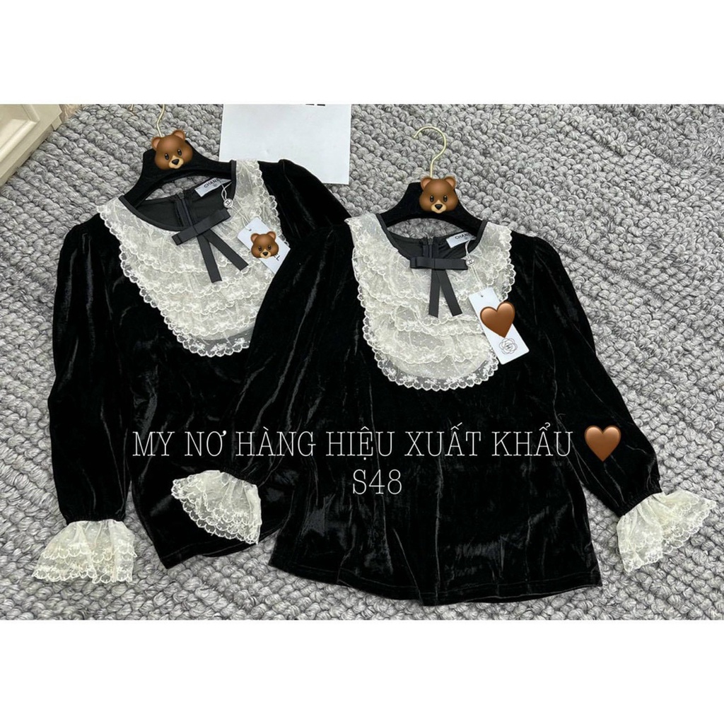 Áo Nhung Cổ Phối Ren Tay Dài Sang Chảnh Chát Nhung Mềm Mịn Hàng Quảng Châu
