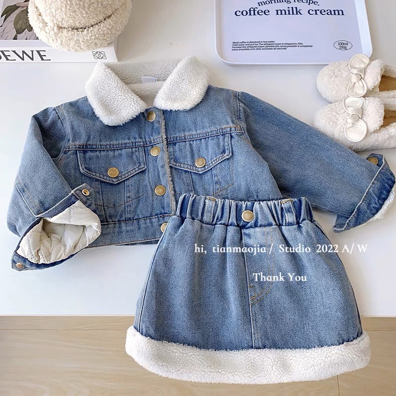 Bộ Áo Và Váy Jeans Lót Lông Ấm Áp Và Thời Trang Cho Bé Gái