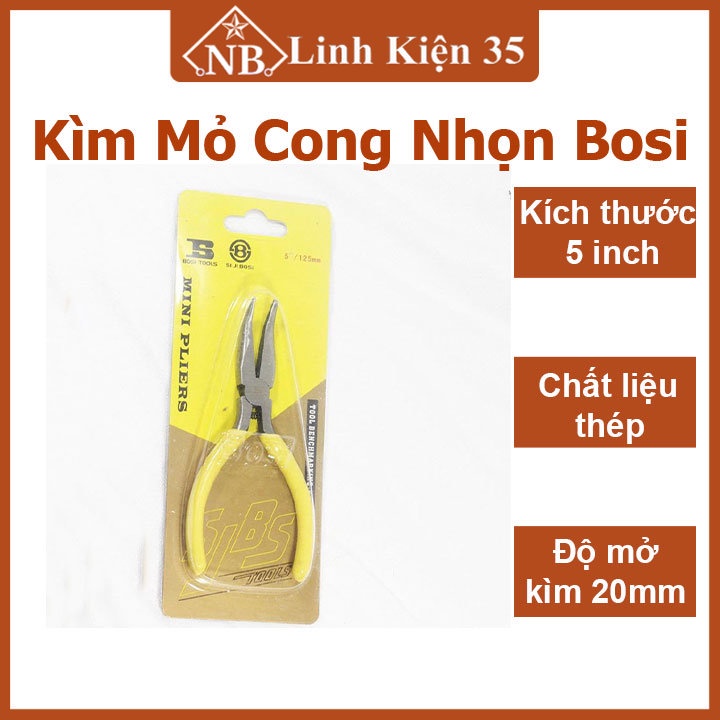 Kìm mỏ cong nhọn Bosi 5 Inch, mũi kìm khoẻ, chống gỉ, xít
