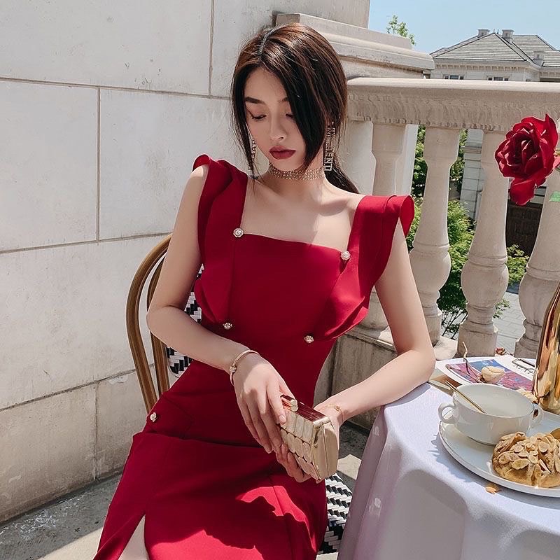 (Ảnh thật ở cuối) Váy đỏ xẻ tà vai cánh tiên đính cúc, đầm dự tiệc sang chảnh Hachie