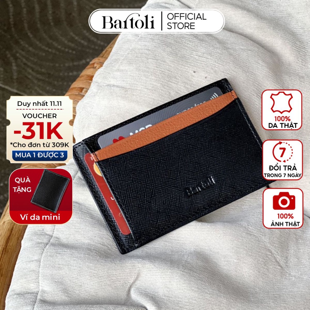 Ví đựng thẻ card holder da Saffiano cao cấp phối Togo nhỏ gọn, 7 ngăn Bartoli LM11 bảo hành da 5 năm