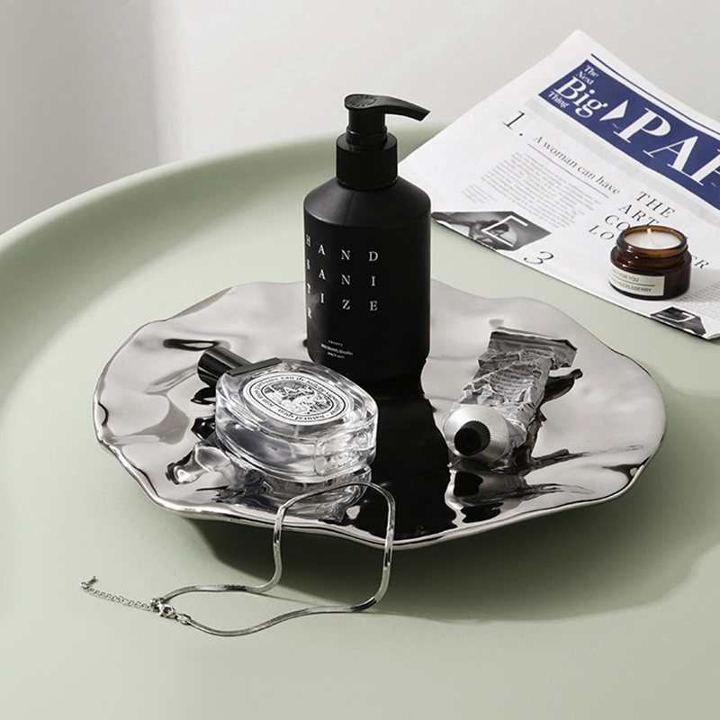 Đĩa Tròn Đựng Nước Hoa / Trái Cây / Đồ Ăn Vặt Mạ Bạc Kiểu Gợn Sóng Độc Đáo