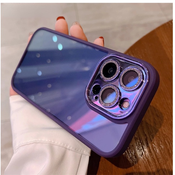 Ốp lưng kính trong viền màu bảo vệ camera gắn đá nhũ cho iPhone 14 Pro,14 Pro max. 13 Pro max,14,14 Plus