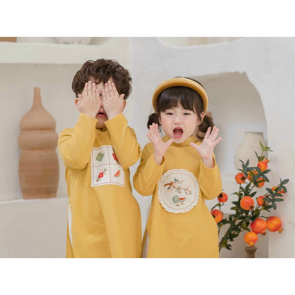 Áo Dài Đôi Tết Bé Trao Bé Gái Áo Dài Tết Cách Tân Chất Lụa Linen Mềm Mịn Mướt Tay Họa Tiết Thêu Sắc Nét Kèm Quần Lụa