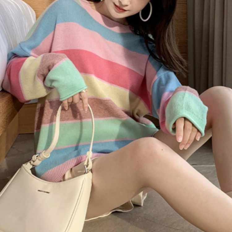 Áo Sweater Dệt Kim Cổ Tròn Tay Dài Dáng Rộng Họa Tiết Kẻ Sọc Màu Sắc Tương Phản Thời Trang Thu Đông 2021 Cho Nữ