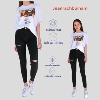 Quần Jean Nữ Lưng Cao Skinny Đen Rách Gối lệch rách gấu Quần Bò Nữ Dáng Ôm Cao Cấp