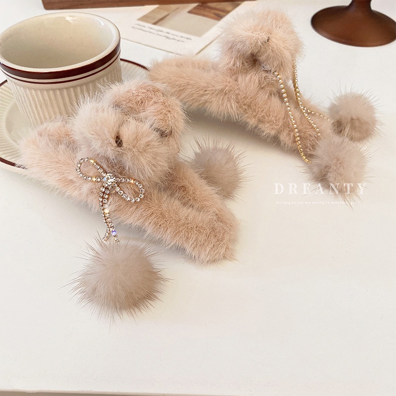 Kẹp Tóc Nơ Đính Đá Phối Lông Phong Cách Hàn Quốc Thanh Lịch Dành Cho Nữ