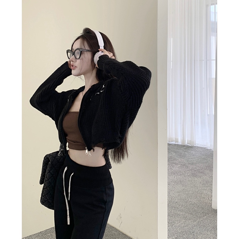 ZHELIHANGFEI Áo Khoác Cardigan Dệt Kim Tay Dài Lưng Cao Hở Rốn Gợi Cảm Cho Nữ