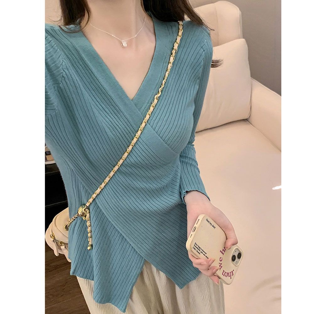 COZOK Áo Thun Dệt Kim Tay Dài Cổ Chữ V Vạt Chéo Thời Trang Dành Cho Nữ