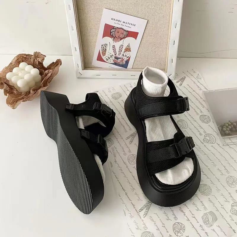 Giày Sandal Thể Thao Đế Dày Tăng Chiều Cao Bằng Da Mềm Phong Cách Harajuku Dễ Phối Đồ Thời Trang Mùa Hè Cho Nữ