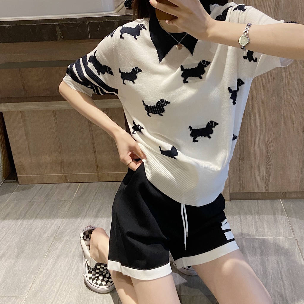 British college style jacquard dog lapel pattern knitwear short sleeve wool slim T-shirt top
