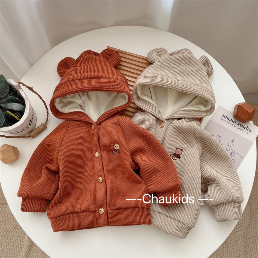 Áo khoác cho bé trai bé gái Tai Gấu chất Nỉ nhung tăm cao cấp cho bé từ 7 - 20kg