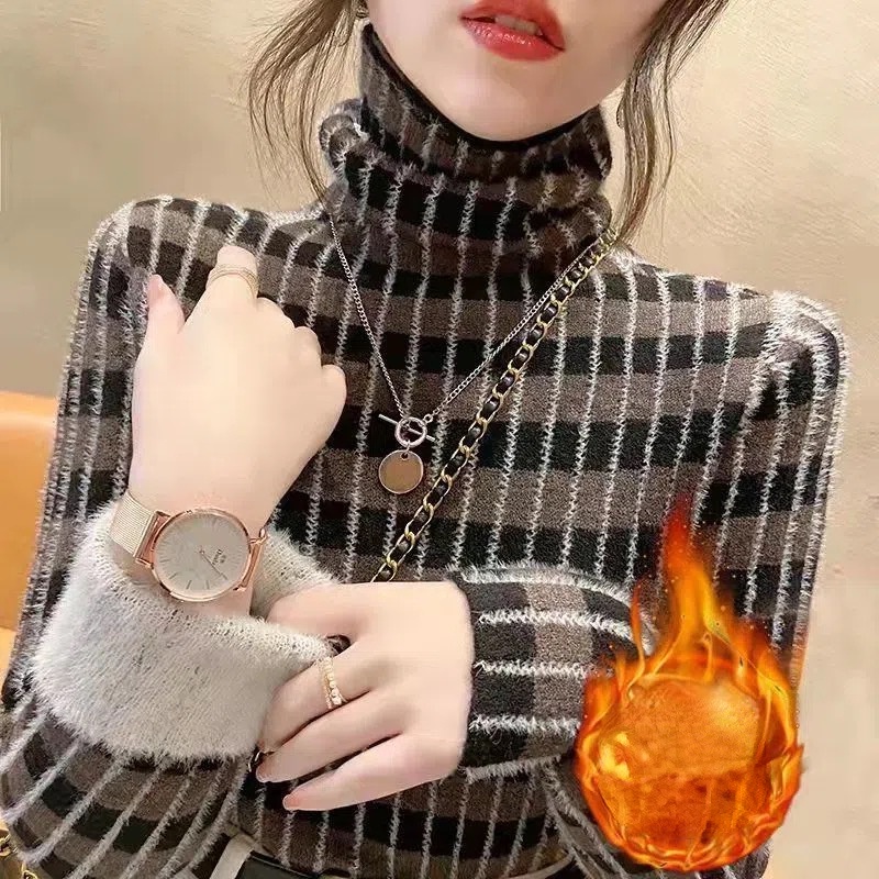 Áo Sweater Tay Dài Cổ Lọ Hoạ Tiết Kẻ Sọc Thời Trang Thu Đông