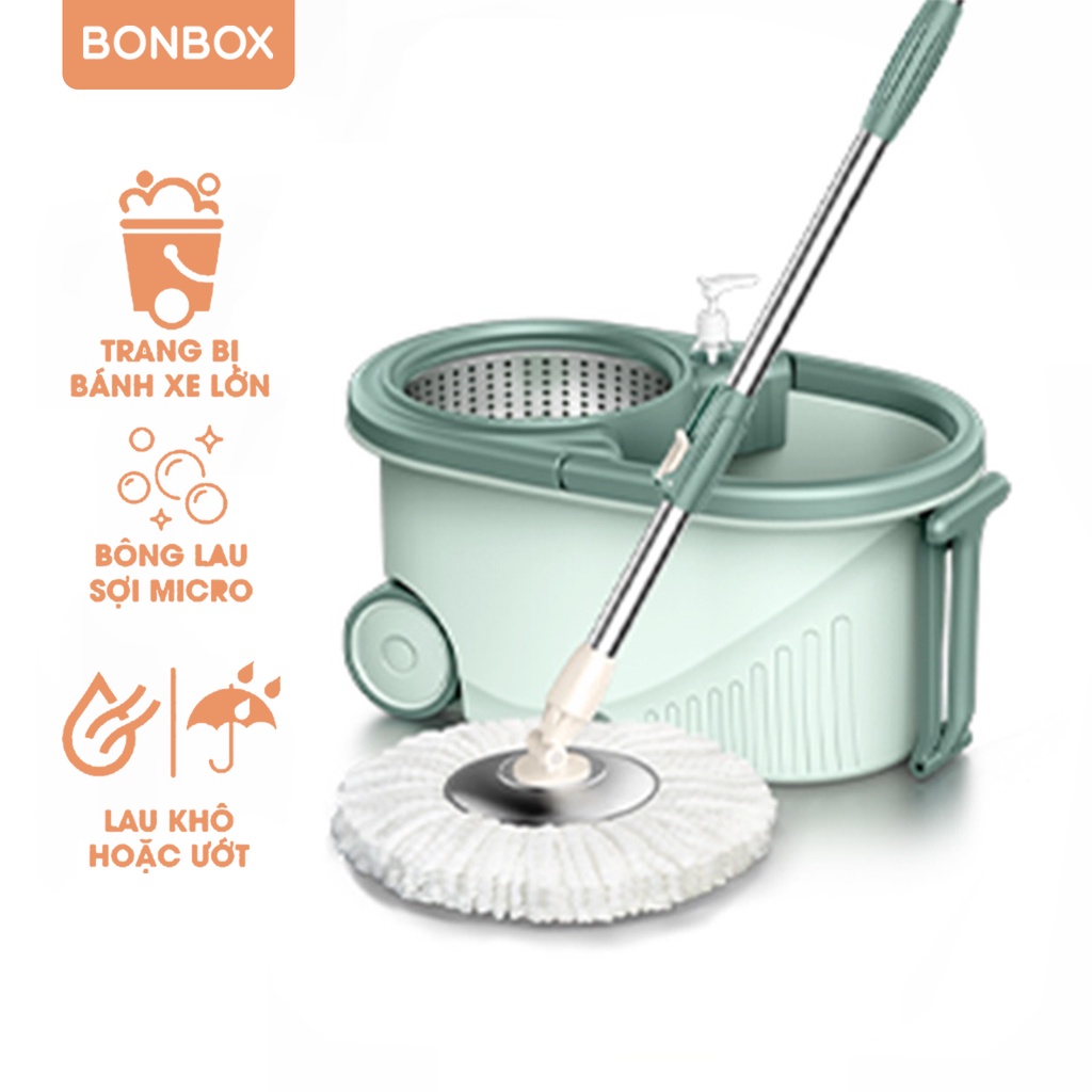 Bộ lau nhà cao cấp xoay 360 độ BONBOX BCT704 tự vắt thông minh, mâm lau inox, có bánh xe - Hàng chính hãng