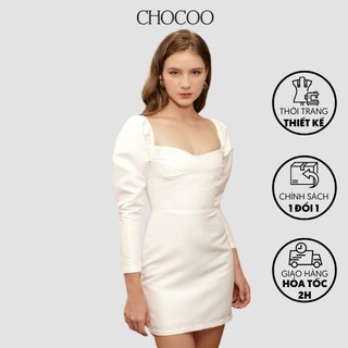 Đầm thiết kế CHOCOO Ane Mini Dress dài tay hở vai màu trắng tay bồng chất phi lụa cao cấp
