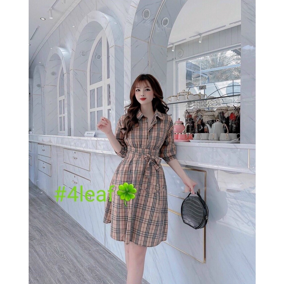 (Miễn Phí Ship 2022) Đầm sơ mi caro ,đầm nữ tay phồng dáng xòe có dây cột eo,chất đẹp lên from chuẩn