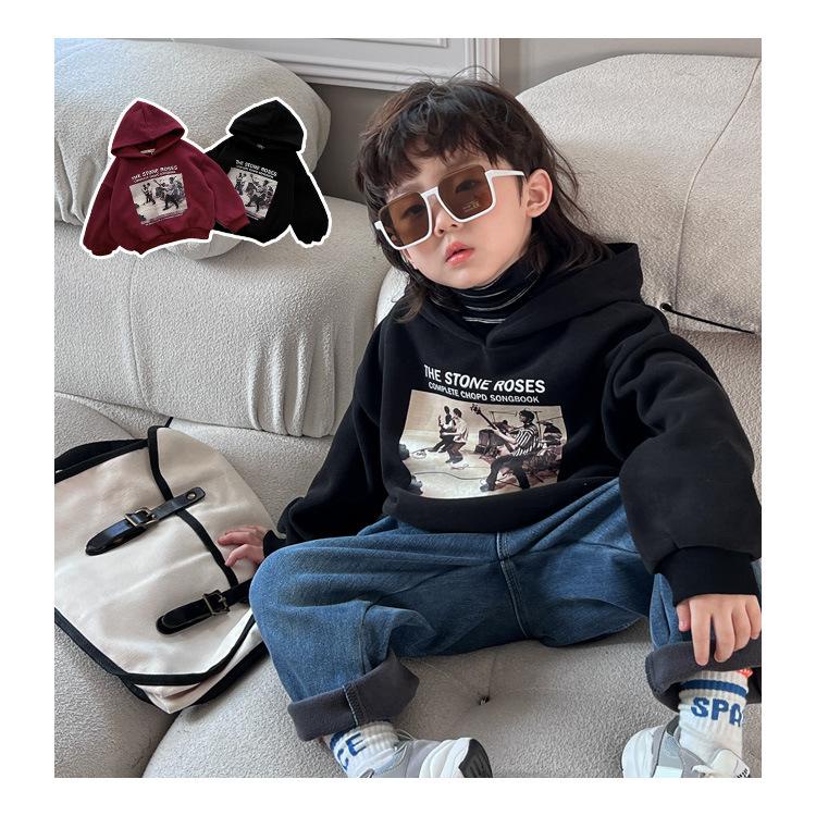 Áo hoodie nỉ bông cho bé, áo nỉ có mũ trẻ em màu đen, phong cách Hàn Quốc | Shini Store