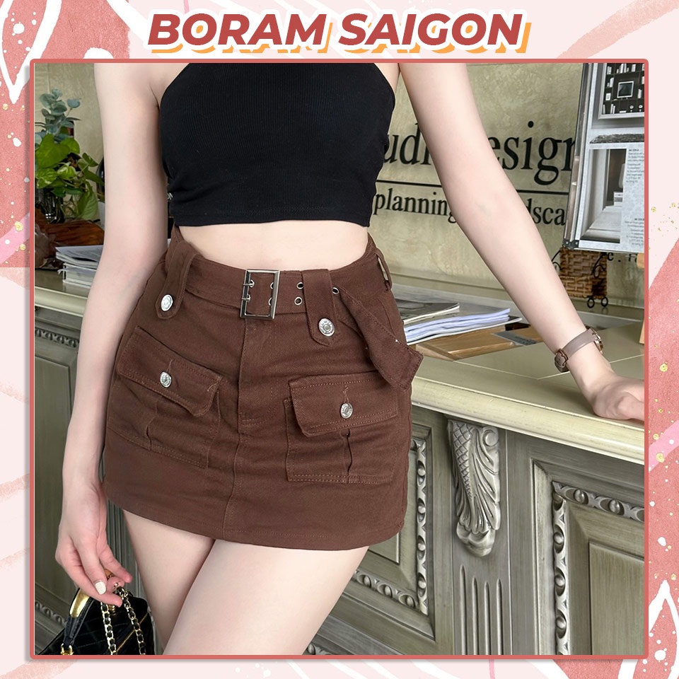 Chân váy túi hộp, chân váy chữ a ngắn kaki jean thắt lưng bản to và khuy cách điệu BORAM SG (có quần trong)