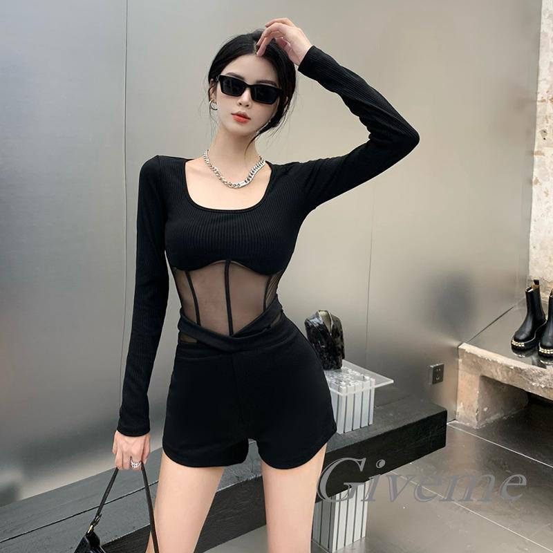 Áo Sơ Mi Tay Dài Cổ Vuông Màu Trơn Phối Lưới Thời Trang Đường Phố Cho Nữ