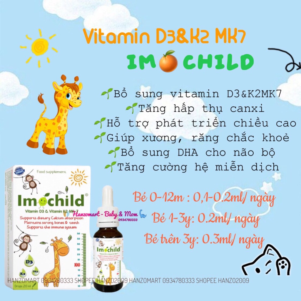 IMOCHILD Vitamin D3 K2 MK7, DHA hỗ trợ trẻ hấp thu Canxi