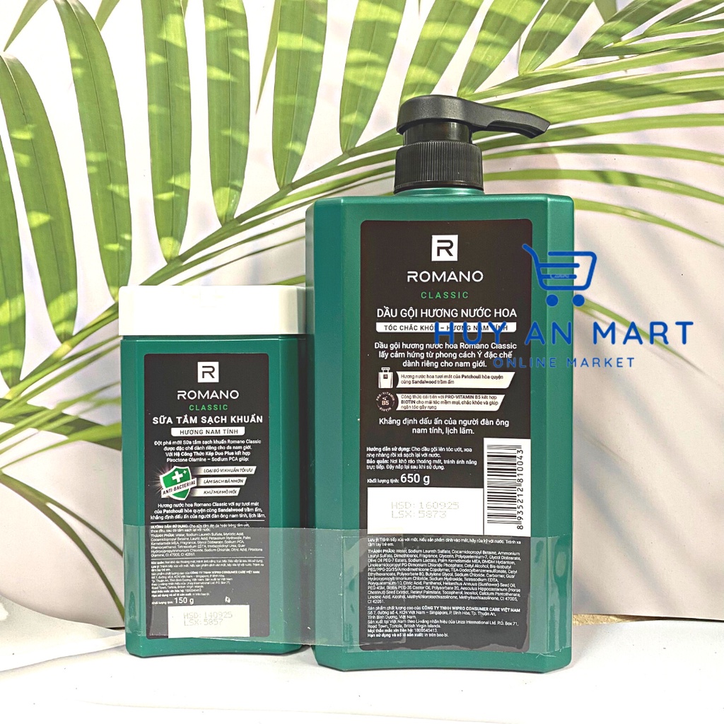 ⚡MUA 1 TẶNG 1⚡ Dầu gội Romano Classic tóc chắc khỏe 650g tặng sữa tắm Romano Classic 150g hương nam tính