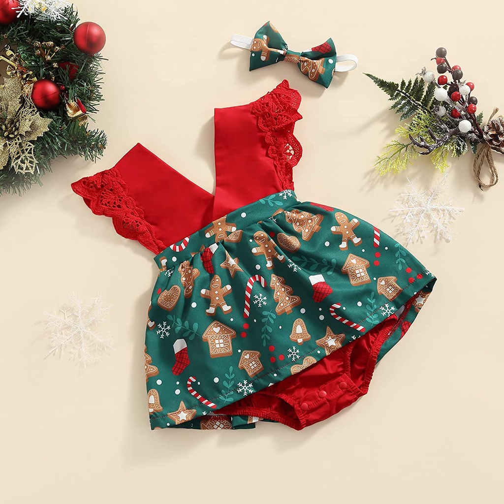 BCBL Đầm liền quần tay ngắn phối ren có băng đô phong cách Giáng Sinh xinh xắn dành cho bé gái
