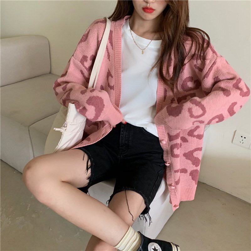 Áo len nữ cadigan họa tiết báo phong cách Hàn Quốc freesize dưới 63kg
