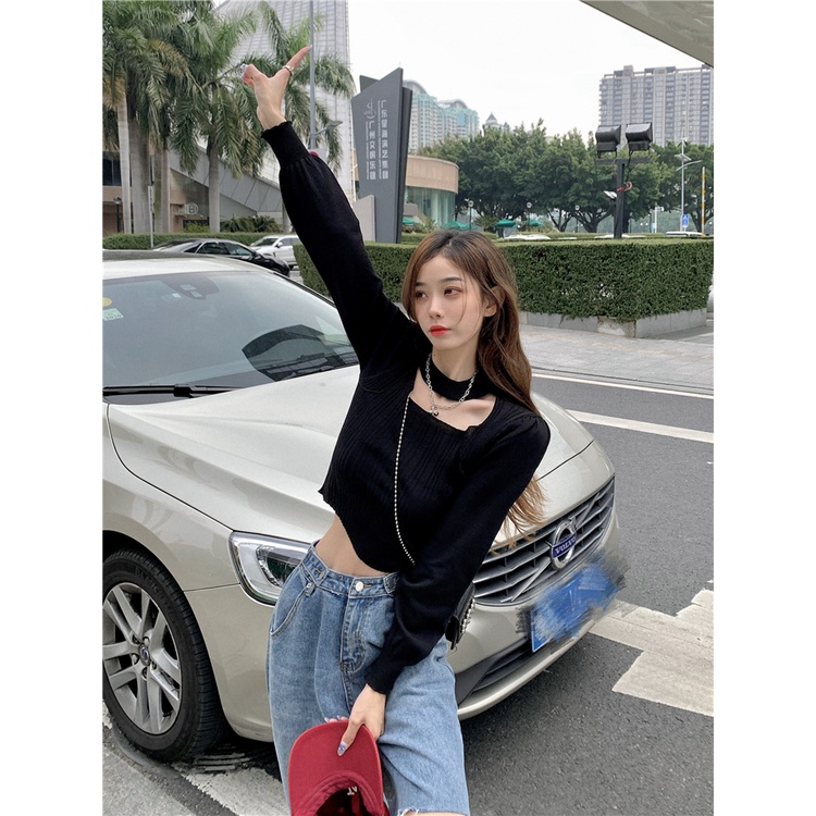 ZHELIHANGFEI Áo Dệt Kim Tay Dài Cổ Vuông Eo Cao Quyến Rũ Dễ Phối Đồ