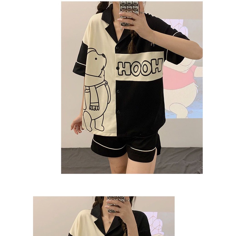 Bộ đồ ngủ FDS ET5O gồm quần short và áo ngắn tay họa tiết gấu hoạt hình phong cách Hàn Quốc thời trang mùa hè 2022