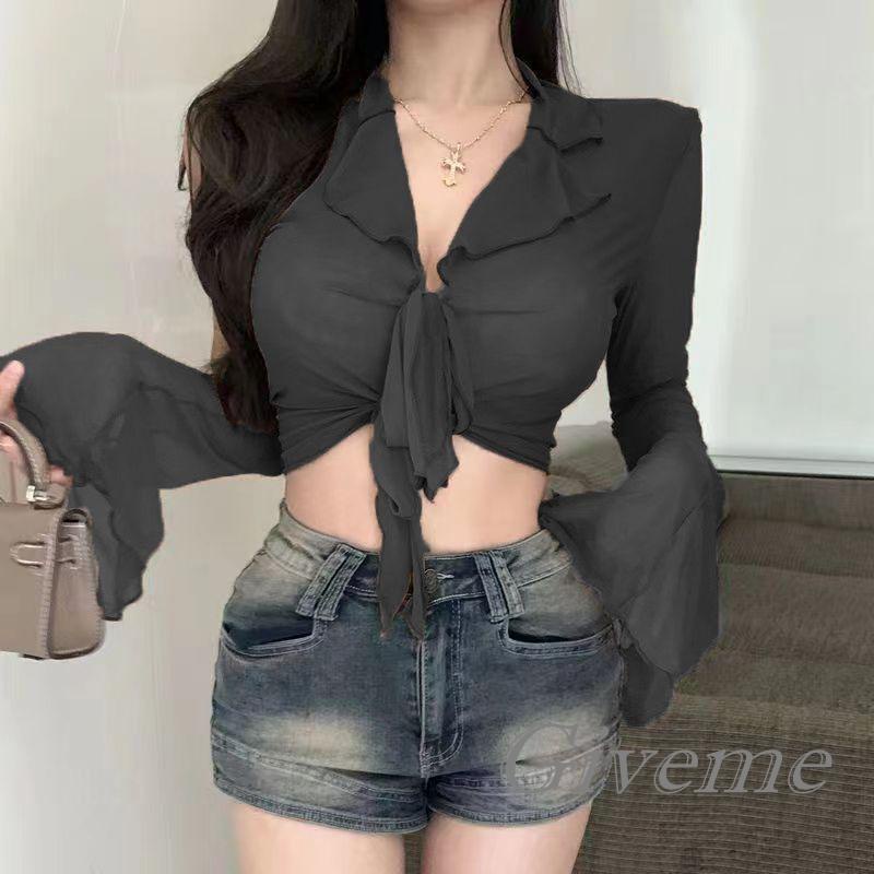 Áo Thun Crop Top Lưới Tay Dài Xuyên Thấu Màu Trơn Thời Trang Đường Phố Dành Cho Nữ