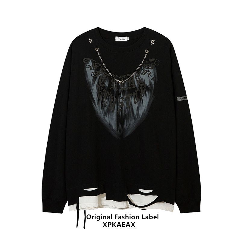 Áo Thun Tay Dài Giả Hai Lớp Phối Dây Xích Phong Cách Hip Hop Âu Mỹ Cá Tính Dành Cho Cặp Đôi