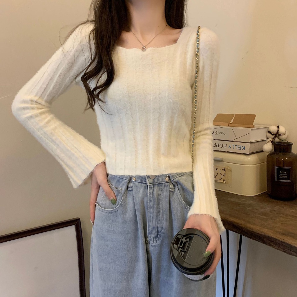 Áo Khoác Cardigan Dệt Kim Cổ Vuông Dáng Ôm Thời Trang Thu Đông Mới