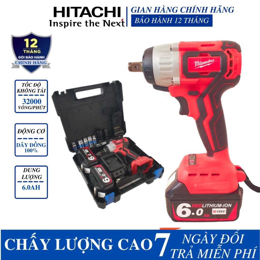MÁY SIẾT BULONG 2 TRONG 1 MILWAUKEE M199V. SIẾT BULONG KHÔNG CHỔI THAN TẶNG KÈM 6 KHẨU VÀ ĐẦU CHUYỂN VÍT