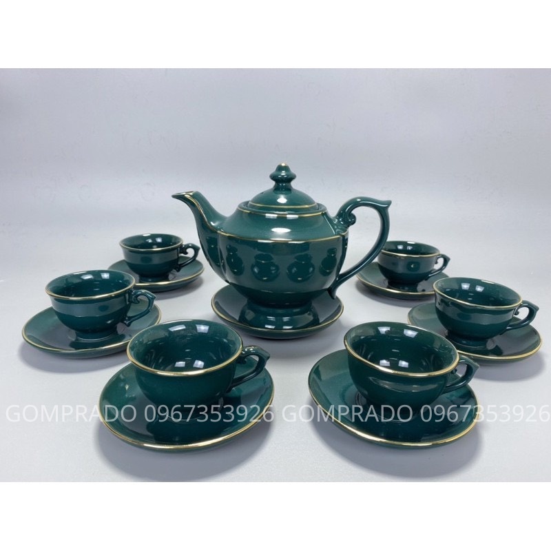 Bộ Ấm Trà Xanh Cổ Vịt Vẽ Vàng Kim 18k Đẳng Cấp Ấm Chén Bát Tràng Cao Cấp Dung Tích 500ml