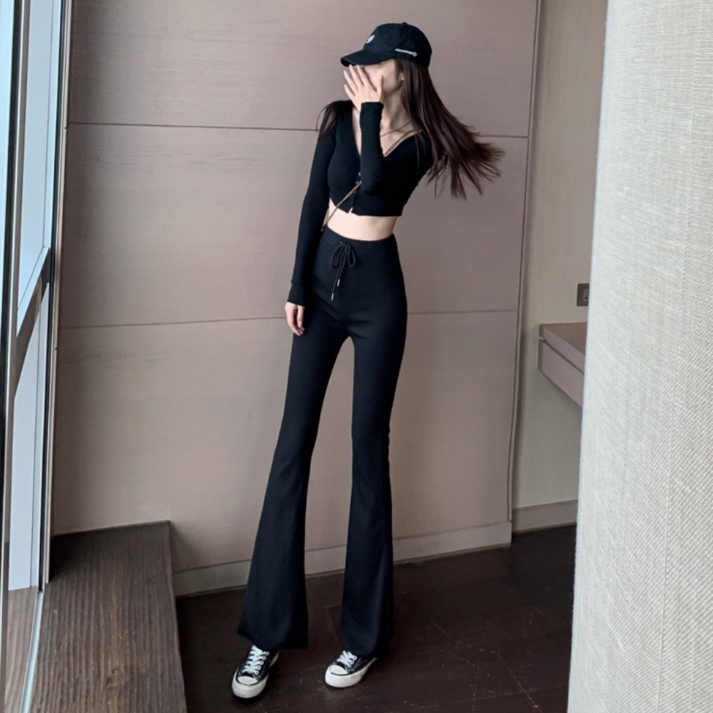Quần ống loe, quần ống loe lưng cao thắt dây eo chất cotton co dãn SKUQ-10C she.boutique90