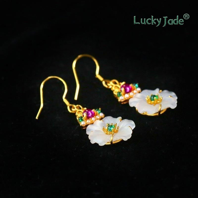 Bông Tai Mạ Bạc 925 Hình Hoa Đính Ngọc Bích Trắng Phong Cách Dân Tộc