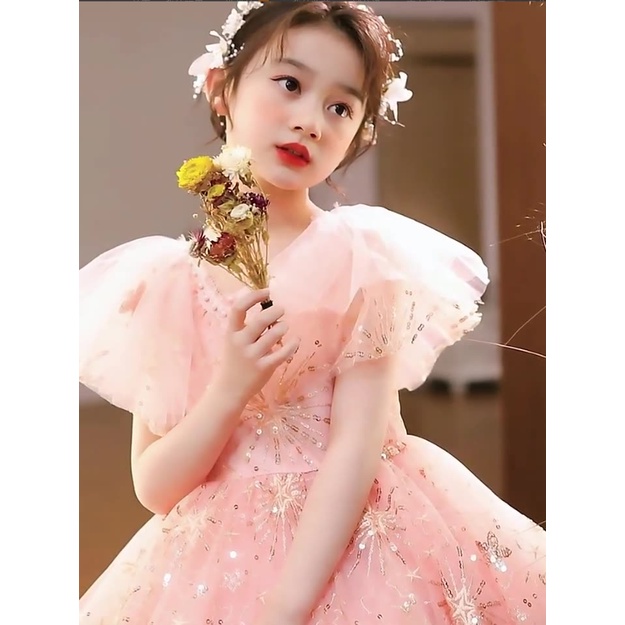 Đầm công chúa bé gái Hồng dài choàng vai - kim sa đính hạt cao cấp - Váy bé gái avalyakids