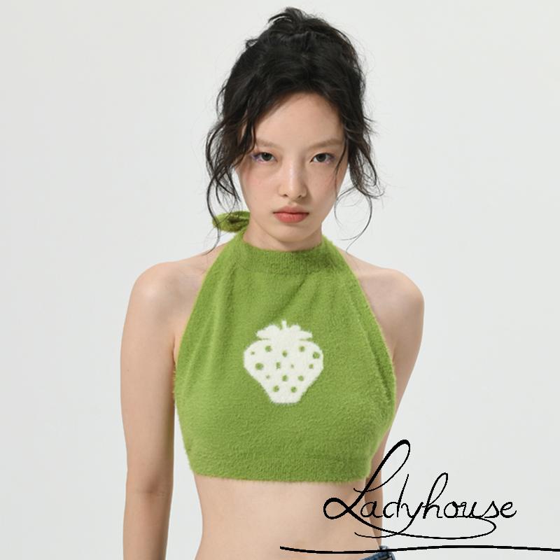 Áo Hai Dây Dệt Kim Ôm Dáng Hở Lưng Họa Tiết Dâu Tây Gợi Cảm Mùa Hè Cho Nữ