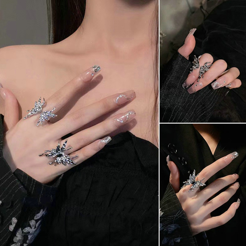 Nhẫn Mở Hình Bướm Màu Đen Đính Kim Cương Thời Trang Cá Tính Cho Nữ timetunnel timetunnel