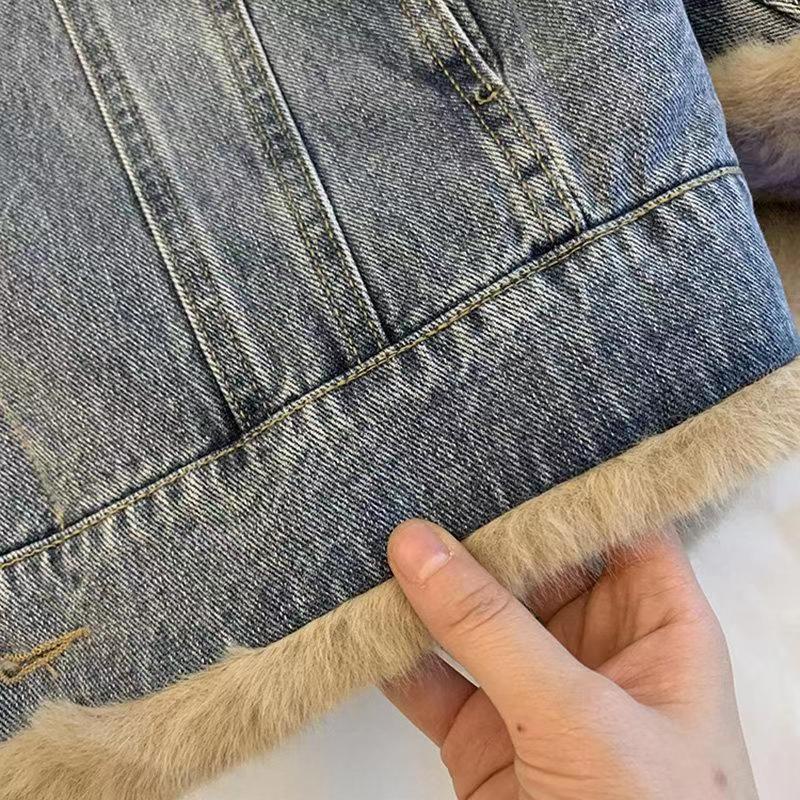 Hàng Có Sẵn!Áo Khoác Denim Lót Lông Cừu Dày Dặn Dáng Rộng Thời Trang Thu Đông Phong Cách Retro Mới Cho Nữ