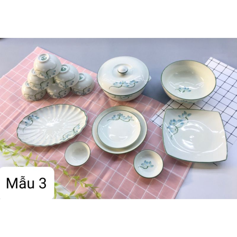 Bộ bát ăn cơm vẽ sen xanh.Hàng gốm sứ Bát Tràng