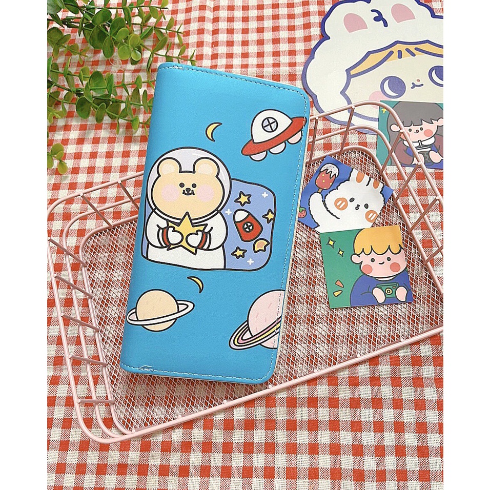 Ví Dài Cầm Tay, Bóp Cầm Tay Nữ Họa Tiết Hoạt Hình Cute Nhiều Ngăn Khóa Kéo Vàng