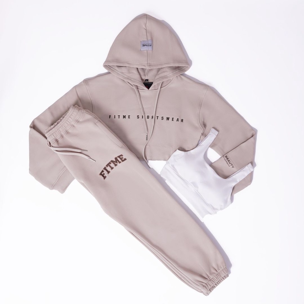 Bộ thể thao nữ Fitme áo Hoodie Croptop Be, quần jogger nỉ bông Be chất cotton dày dặn form rộng