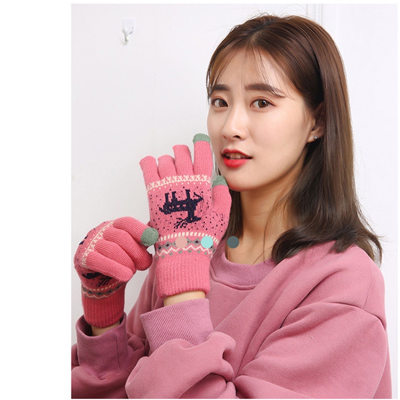 Găng tay len mùa đông cảm ứng cho nữ với họa tiết chú tuần lộc Giáng Sinh cute dễ thương