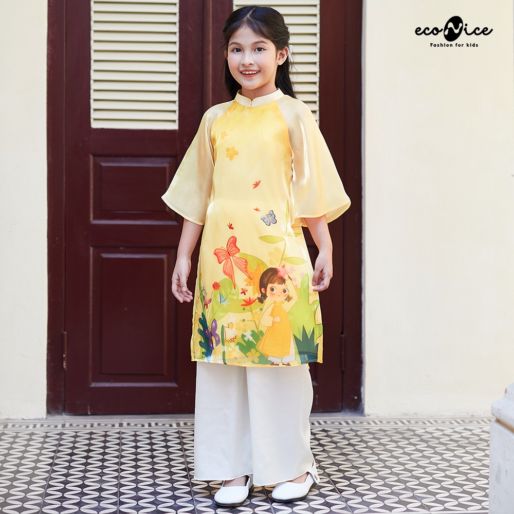 Áo dài tết cách tân màu vàng họa tiết cho bé gái, bé trai Econice AD029. Size áo dài tết cho trẻ em 3 đến 10 tuổi