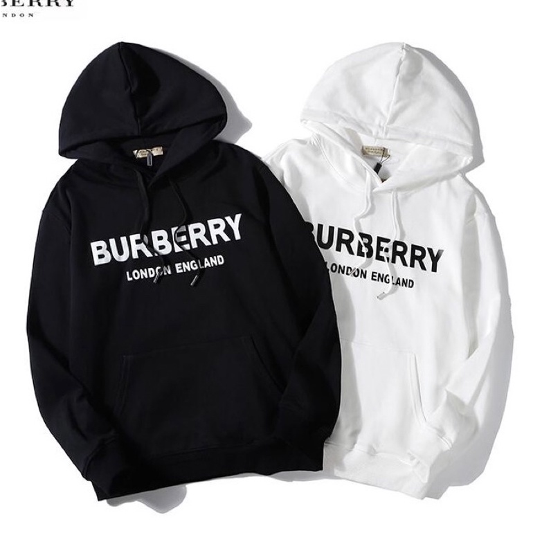 Áo Hoodie nỉ bông in chữ BURBERRY tone màu trắng đen mũ hai lớp