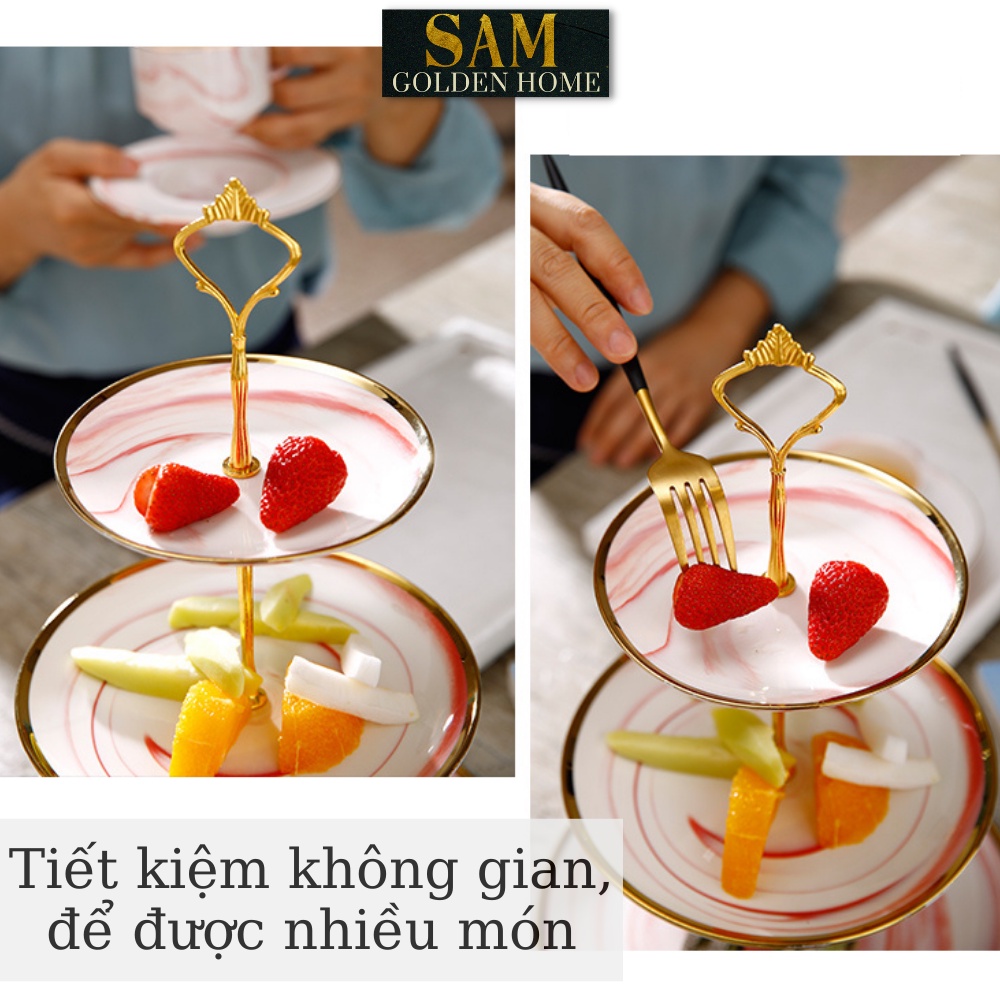 Khay Đĩa 3 Tầng Pylu Hình Tròn Sứ Tráng Men Mạ Vàng Vân Đá Đựng Bánh Mứt, Hoa Quả, Trái Cây Cao Cấp