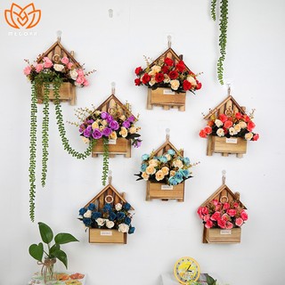 Kệ gỗ cắm hoa giả MEGOVN, giỏ gỗ hình ngôi nhà treo tường đẹp